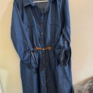 Button-Front Midi Shirt Dress in Denim Blue with Belt